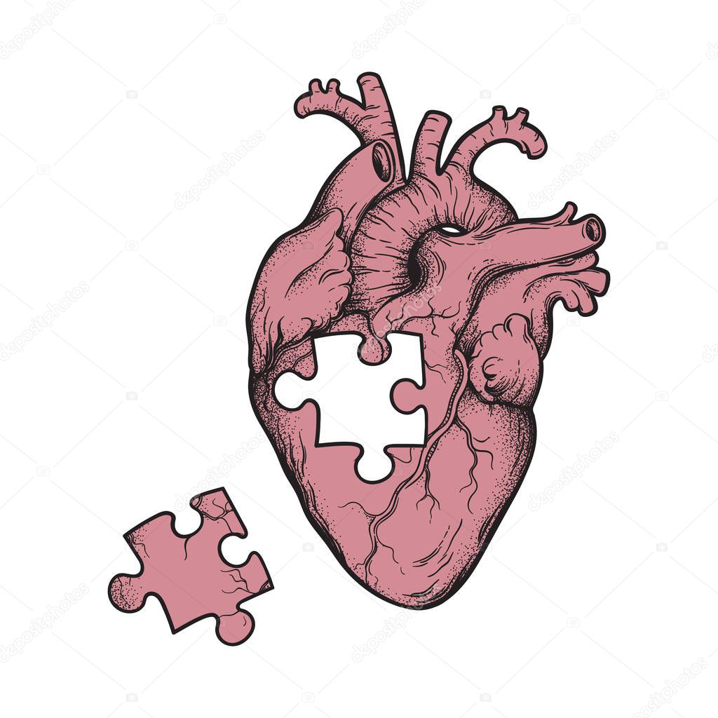Human heart with missing puzzle piece hand drawn line art and dotwork. Flash tattoo or print design vector illustration
