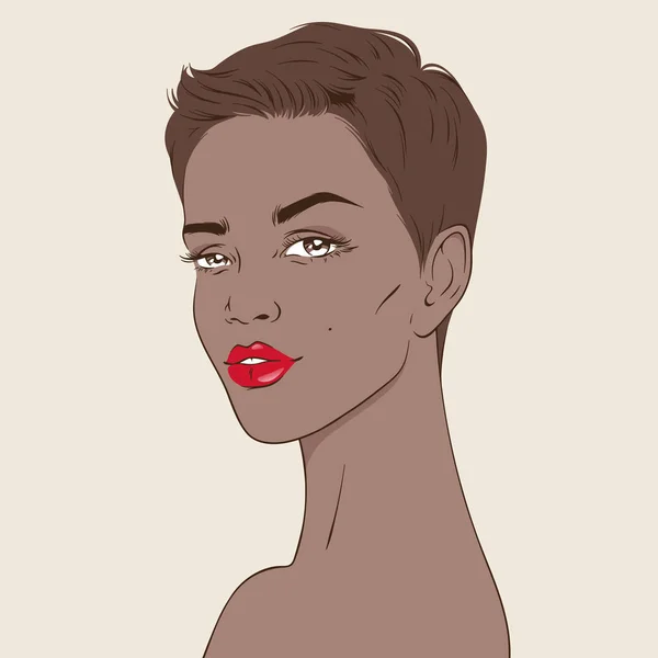 Mulher Americana Africana Bonita Com Corte Cabelo Pixie Desenho Animado — Vetor de Stock
