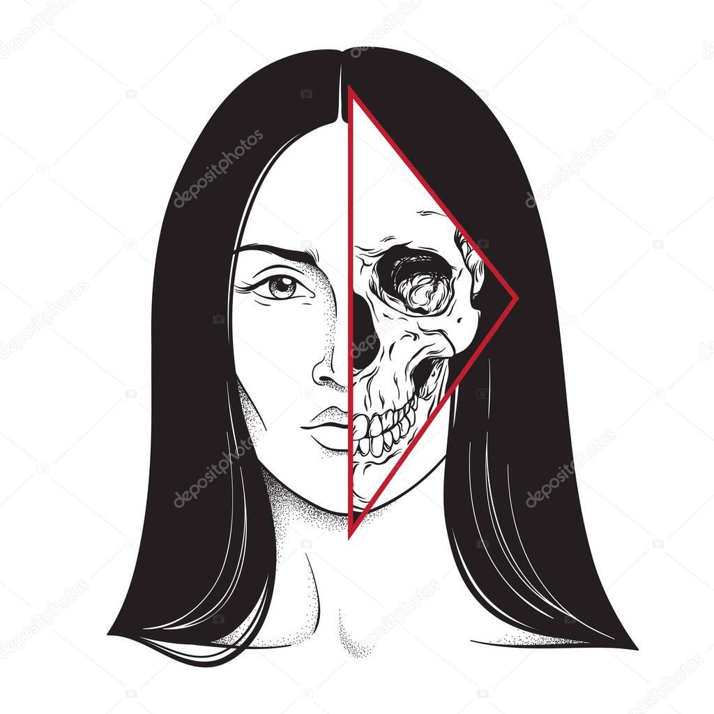 Beautiful brunette with half skull face hand drawn black and white line art and dot work. Flash tattoo, poster or print design vector illustration