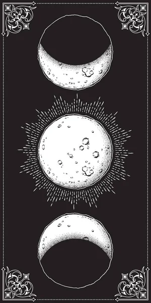 Antique style hand drawn line art and dot work moon phases. Boho chic poster, fabric, altar veil or tapestry design vector illustration. — Stock Vector