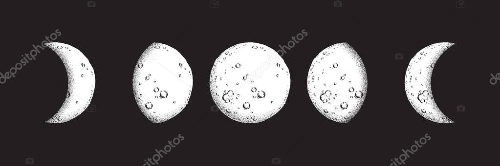 Antique style hand drawn line art and dot work moon phases isolated. Boho chic flash tattoo, poster, altar veil or tapestry design vector illustration.