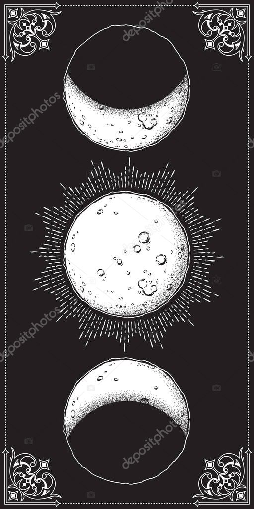 Antique style hand drawn line art and dot work moon phases. Boho chic poster, fabric, altar veil or tapestry design vector illustration.