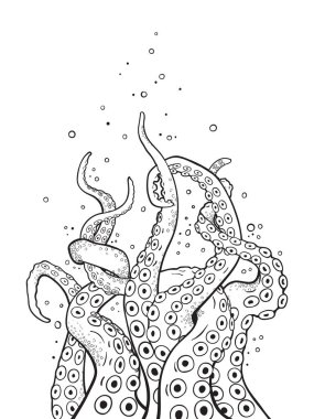Ahtapot tentacles curl ve el çekilmiş siyah beyaz çizgi resimleri boyama kitabı sayfaları çocuklar ve yetişkinler için vetor illüstrasyon iç içe.