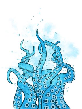Ahtapot tentacles curl ve elle çizilmiş Hat sanatı mavi suluboya öğeleri arka plan veya baskı tasarımı vetor illüstrasyon iç içe.