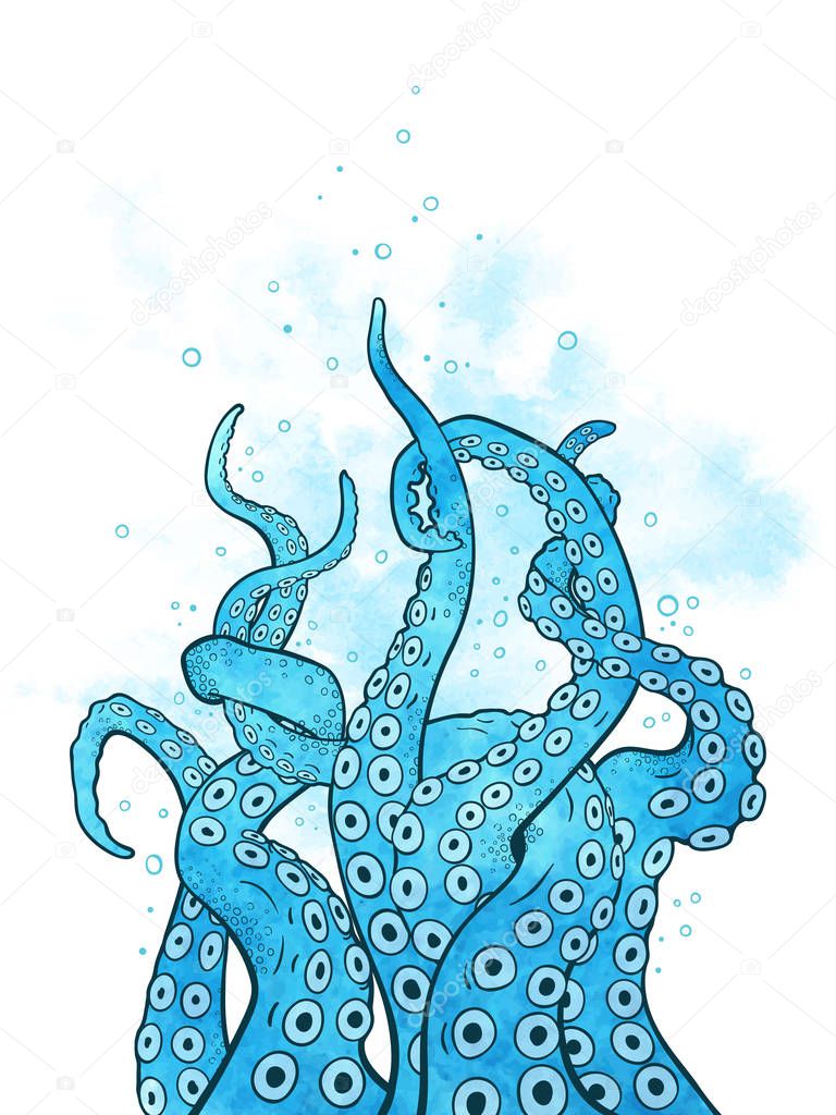 Octopus tentacles curl and intertwined hand drawn line art with blue watercolor elements background or print design vetor illustration.