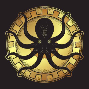 Kraken'ı kalkan el çekilmiş siyah ve altın çizgi roman ve nokta izole vetor illüstrasyon iş.