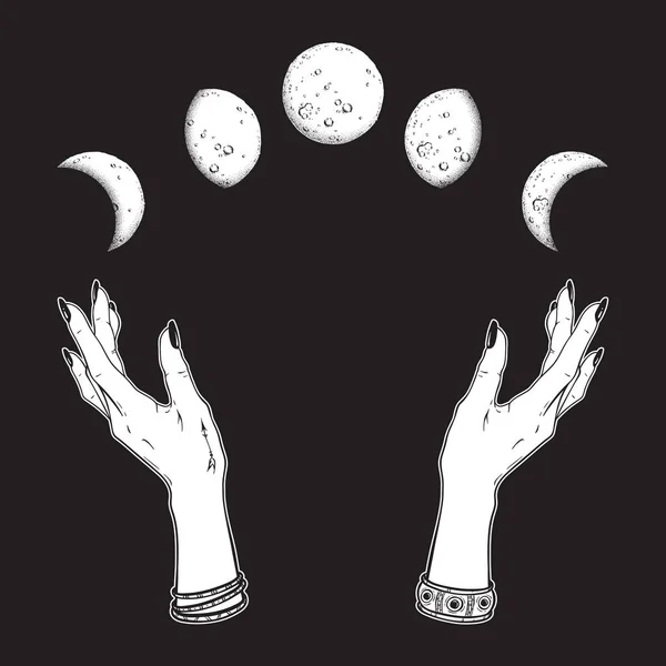 Hand drawn line art and dot work moon phases in hands of witch isolated. Boho chic flash tattoo, poster, altar veil or tapestry print design vector illustration. — Stock Vector
