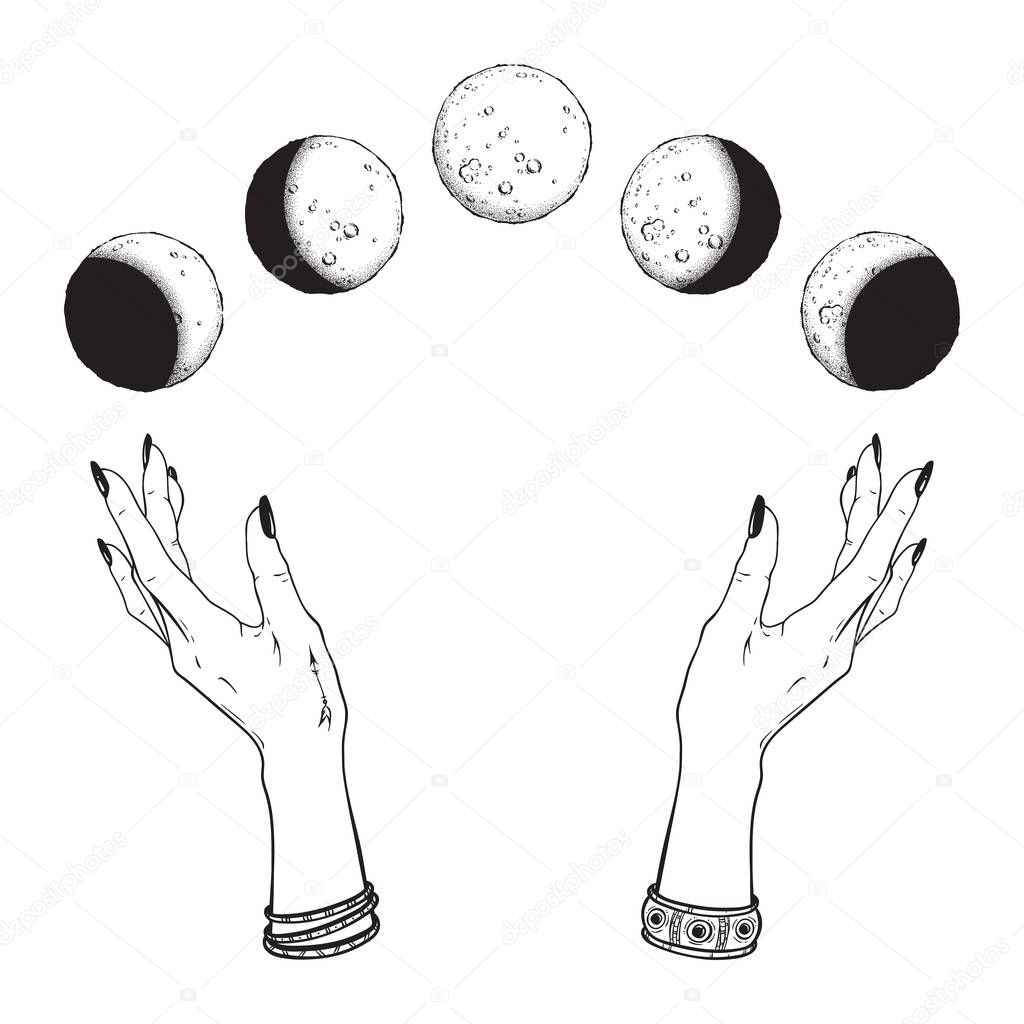 Hand drawn line art and dot work moon phases in hands of witch isolated. Boho chic flash tattoo, poster, altar veil or tapestry print design vector illustration.