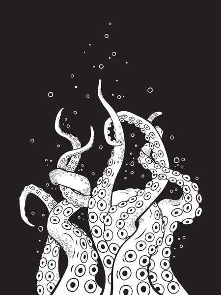 Pulpo tentáculos rizo y entrelazado mano dibujado blanco y negro línea arte fondo o impresión diseño vetor ilustración . — Vector de stock