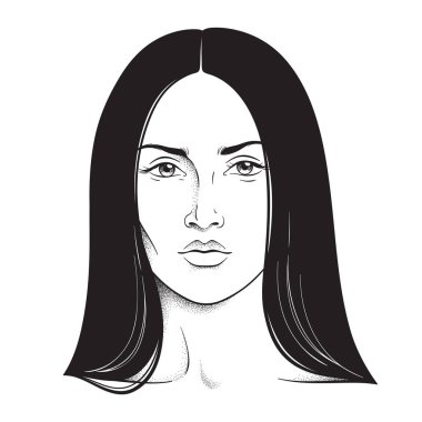 Güzel esmer kadın portre hattı sanat ve nokta iş. Yüz grafiği makyaj sanatçısı boş şablon vektör illüstrasyon.