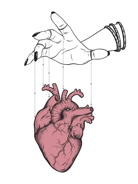 La mano del titiritero controla el corazón humano aislado. Etiqueta engomada, impresión o blackwork tatuaje ilustración vectorial dibujado a mano . — Vector de stock