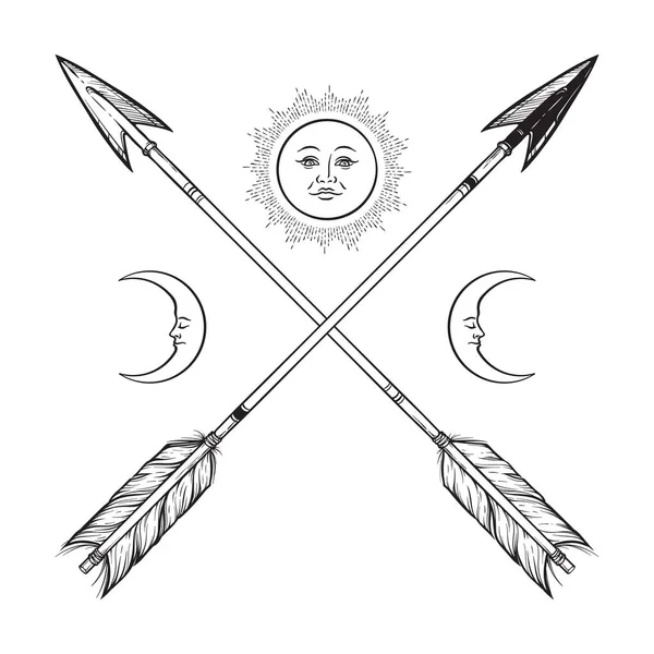 Flechas cruzadas con semilunas y línea de luna llena de arte. Etiqueta engomada Boho, impresión o blackwork tatuaje flash arte diseño vector ilustración — Vector de stock