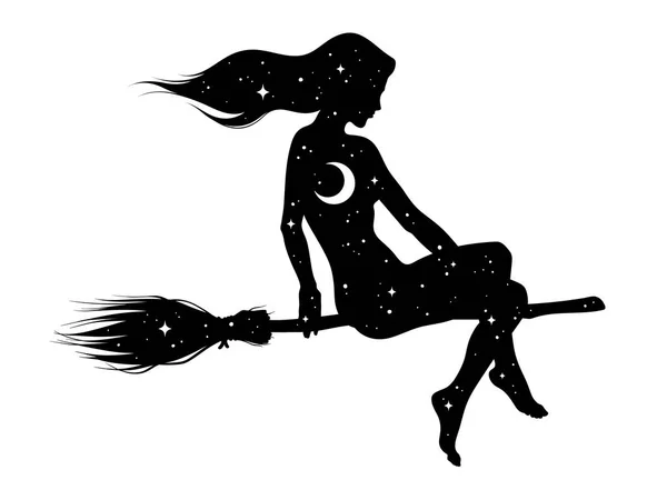 Silhouetteの美しいです魔女女の子のほうきとともに三日月と星でプロフィール孤立した手描きベクトルイラスト — ストックベクタ