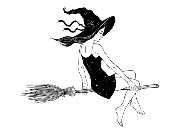 Beautiful witch girl riding broom hand drawn line art vector illustration. Boho chic tattoo, poster, tapestry or altar veil print design vector illustration. — Stock Vector