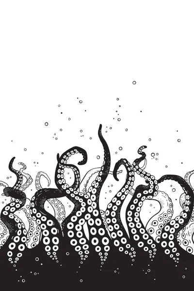 Щупальца осьминога скручены и переплетены вручную, нарисованы черно-белым цветом фона или напечатаны дизайн иллюстрации ветора . — стоковый вектор