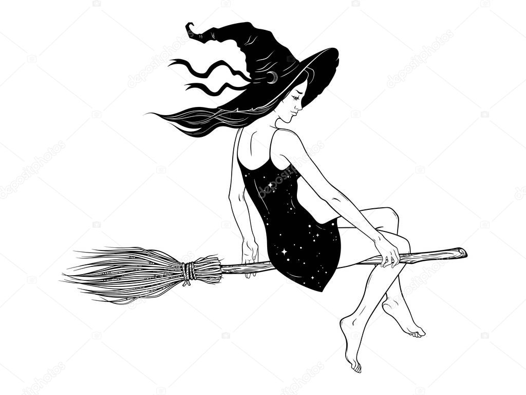 Beautiful witch girl riding broom hand drawn line art vector illustration. Boho chic tattoo, poster, tapestry or altar veil print design vector illustration.