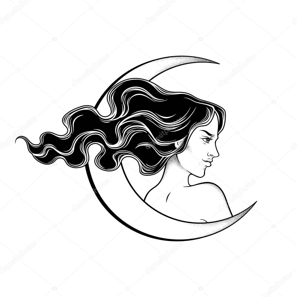 Beautiful brunette witch and the crescent moon line art and dot work. Boho chic tattoo, poster, tapestry or altar veil print design vector illustration.