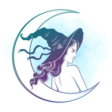 Sivri şapka hat sanat ve nokta çalışmalarında güzel esmer cadı. Boho chic dövme, poster, goblen veya sunak peçe baskı tasarımı vektör çizim.