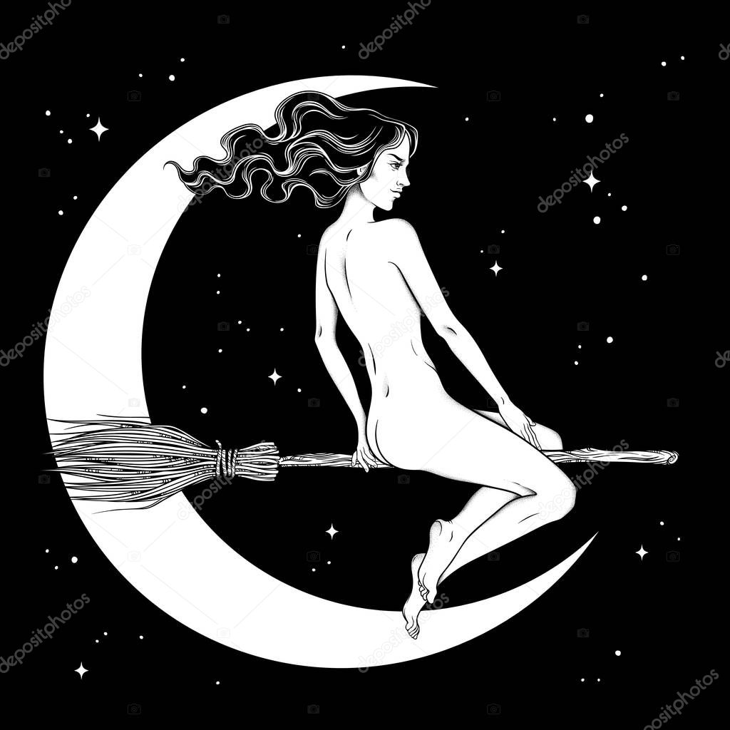 Beautiful witch girl riding broom hand drawn line art vector illustration. Boho chic tattoo, poster, tapestry or altar veil print design vector illustration.