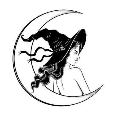 Sivri şapka hat sanat ve nokta çalışmalarında güzel esmer cadı. Boho chic dövme, poster, goblen veya sunak peçe baskı tasarımı vektör çizim.