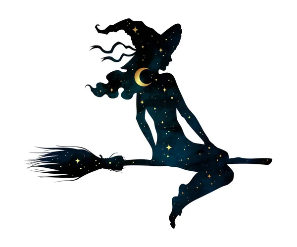 Silhouet van mooi heksenmeisje op een bezem met halve maan en sterren in profiel geïsoleerde hand getekende vector illustratie — Stockvector