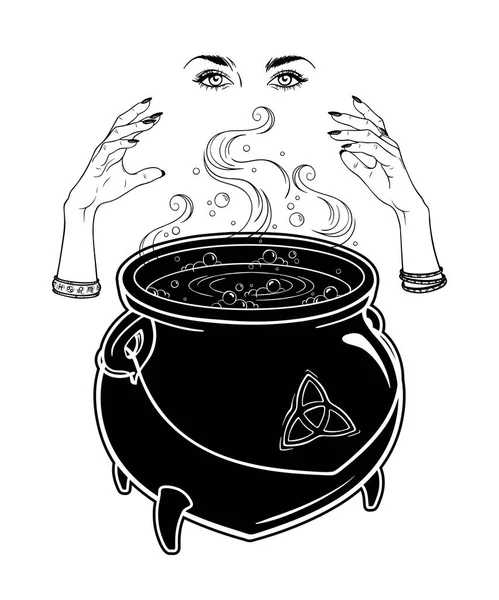 Boiling magic cauldron and witch hands cast a spell vector illustration. Hand drawn wiccan design, astrology, alchemy, magic symbol or halloween design. — Stock Vector