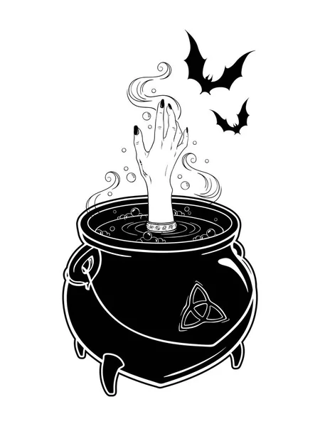 Boiling magic cauldron with witch hand and bats vector illustration. Hand drawn wiccan design, astrology, alchemy, magic symbol or halloween design. — Stock Vector