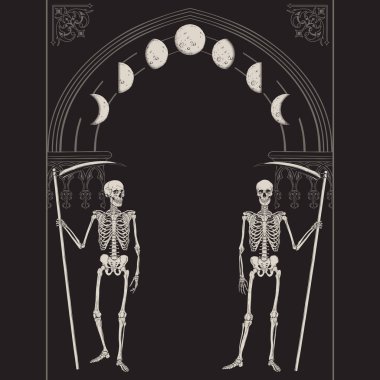 Grim Reapers ay vektör illüstrasyon ile gotik kemer önünde tırplar ile. El çizilmiş gotik stil afiş, poster veya baskı tasarımı.