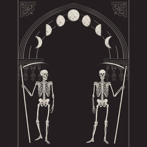 Grim Reapers avec les faux devant l'arc gothique avec illustration vectorielle de la lune. Plaque, affiche ou impression de style gothique dessinée à la main . — Image vectorielle