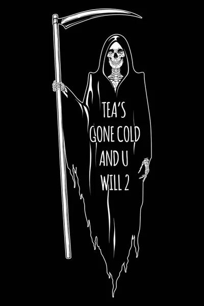 Grim Reaper met de zeis poseren geïsoleerd vector illustratie. Hand getekende gotische stijl Placard, poster of print ontwerp. — Stockvector