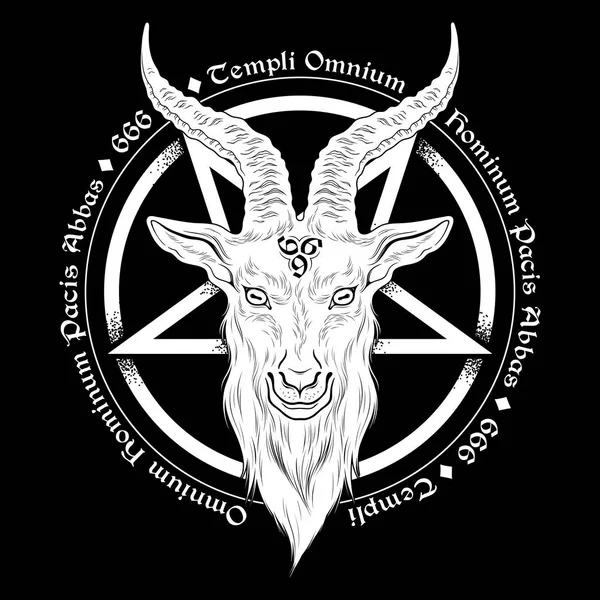 Baphomet demon geit hoofd hand getekend print of blackwork flash tattoo kunst design vector illustratie. Latijnse inscriptie vertaling - vader van de tempel van de vrede van alle mensen. — Stockvector