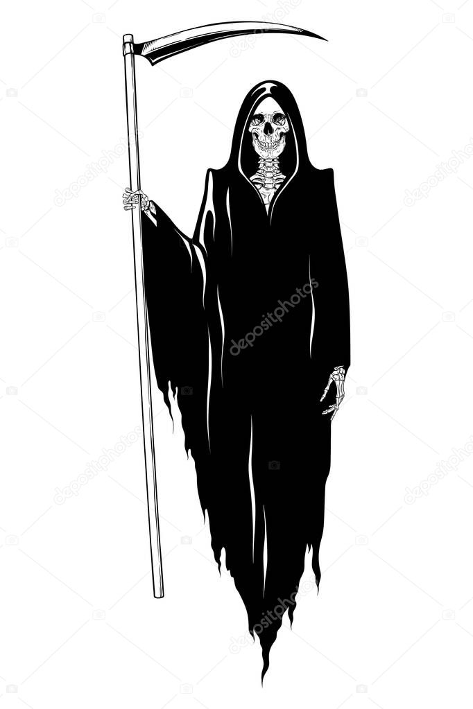 Grim Reaper with the scythe posing isolated vector illustration. Hand drawn gothic style placard, poster or print design.
