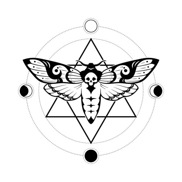 Смерти головы ястреба моль и сакральная геометрия с фазами луны вручную рисовал линии печати искусства или татуировки дизайн векторной иллюстрации
.