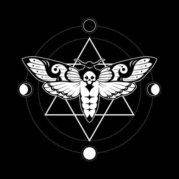 Deaths head hawk moth and sacred geometry with moon phases hand drawn line art print or tattoo design vector illustration.