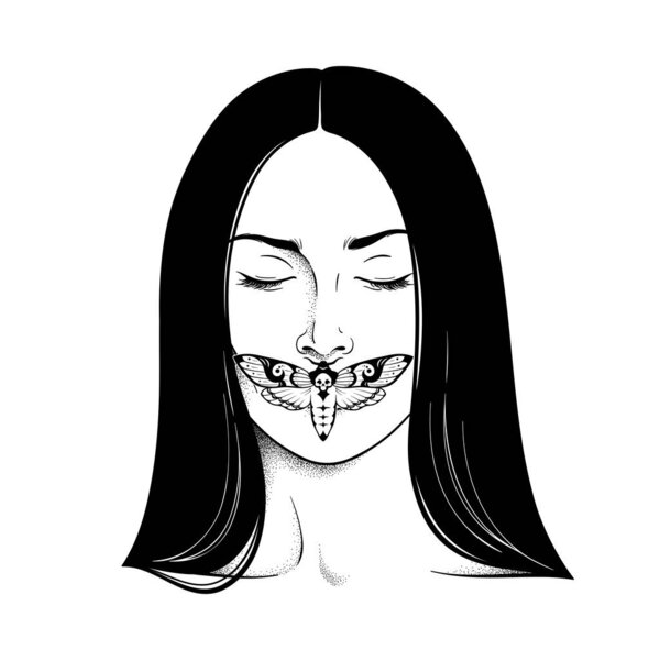 Beautiful brunette woman portrait with closed eyes an moth on hes lips line art and dot work print or tattoo design vector illustration.