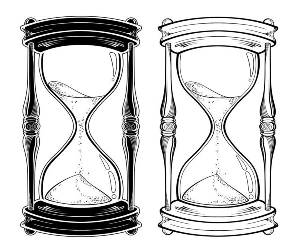 Hand drawn line art hourglass set isolated sticker, print or blackwork tattoo design vector illustration.