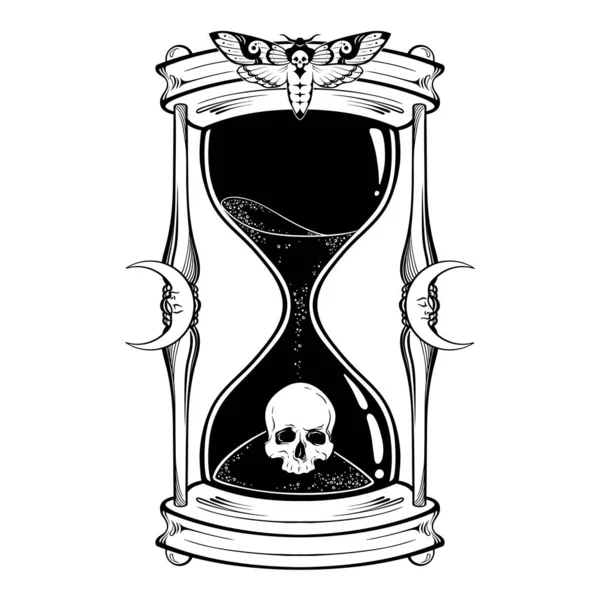 Cráneo humano en reloj de arena aislado. Etiqueta engomada, impresión o blackwork tatuaje ilustración vectorial dibujado a mano . — Archivo Imágenes Vectoriales