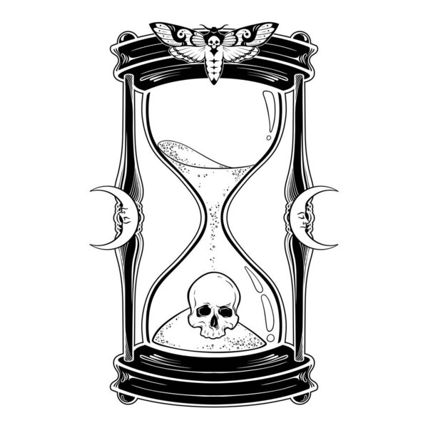 Human skull in hourglass isolated. Sticker, print or blackwork tattoo hand drawn vector illustration.