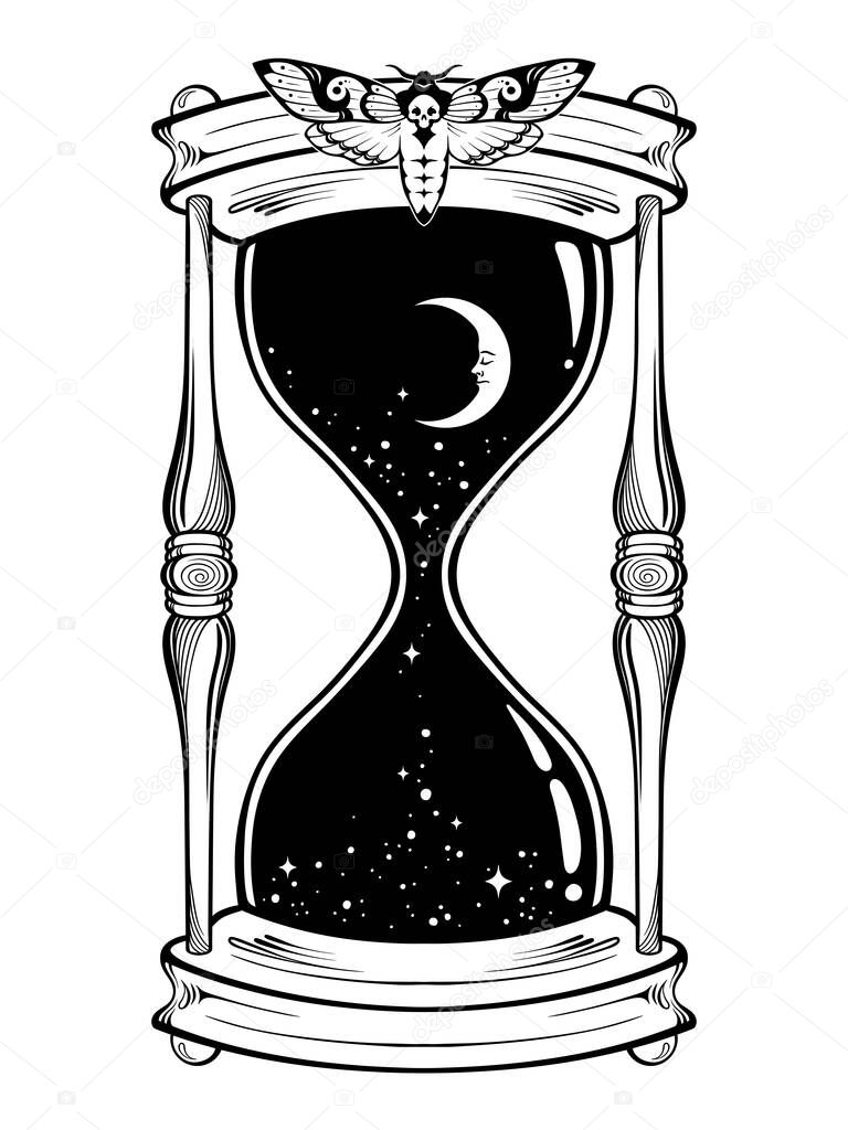 Hand drawn line art hourglass with moon and stars isolated boho sticker, print or blackwork tattoo design vector illustration.