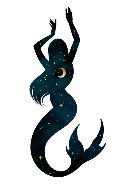 Hermosa Silueta Sirena Con Luna Creciente Estrellas Perfil Aisladas Tatuaje — Archivo Imágenes Vectoriales