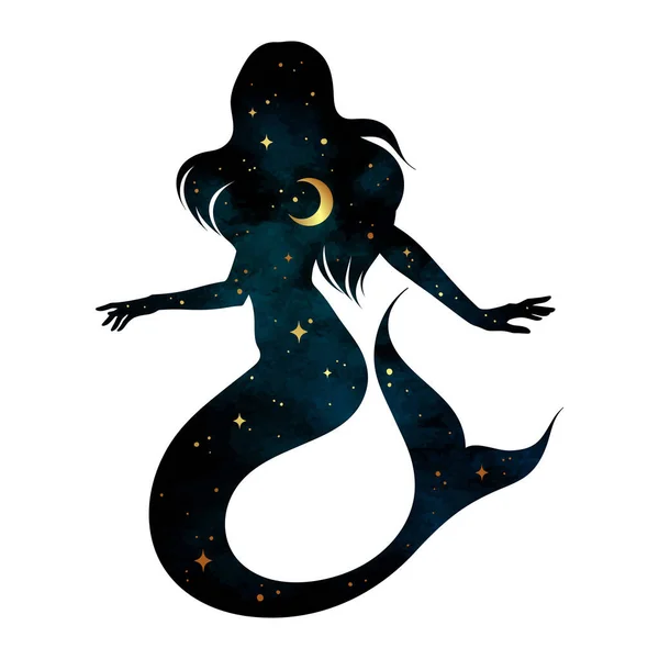 Hermosa Silueta Sirena Con Luna Creciente Estrellas Perfil Aisladas Tatuaje — Archivo Imágenes Vectoriales