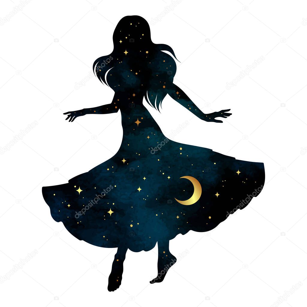 Beautiful dancing gypsy silhouette with crescent moon and stars isolated. Boho chic tattoo, sticker or print design vector illustration