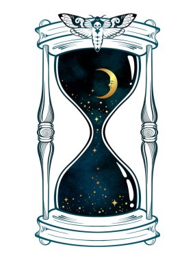 Aylı ve yıldızlı el çizimi sanat kum saati izole edilmiş boho etiketi, baskı veya siyah iş dövme tasarımı vektör çizimi