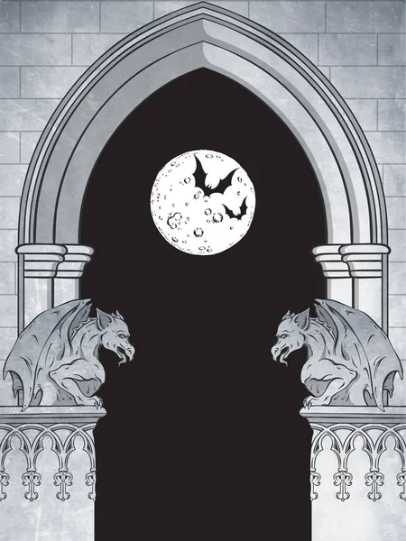 Arc Gothique Avec Gargouilles Illustration Vectorielle Pleine Lune Dessinée Main — Image vectorielle