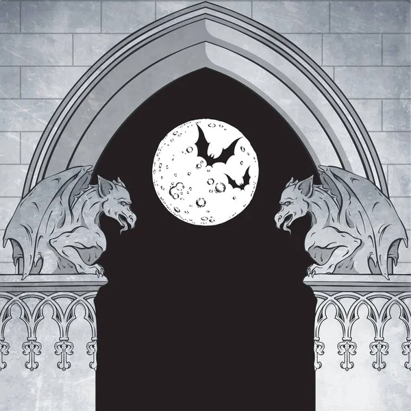 Arc Gothique Avec Gargouilles Illustration Vectorielle Pleine Lune Dessinée Main — Image vectorielle