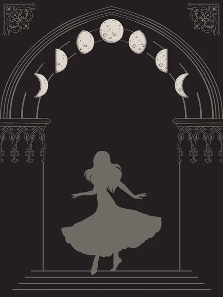 Silhouette Donna Zingara Arco Gotico Con Fasi Lunari Illustrazione Vettoriale — Vettoriale Stock