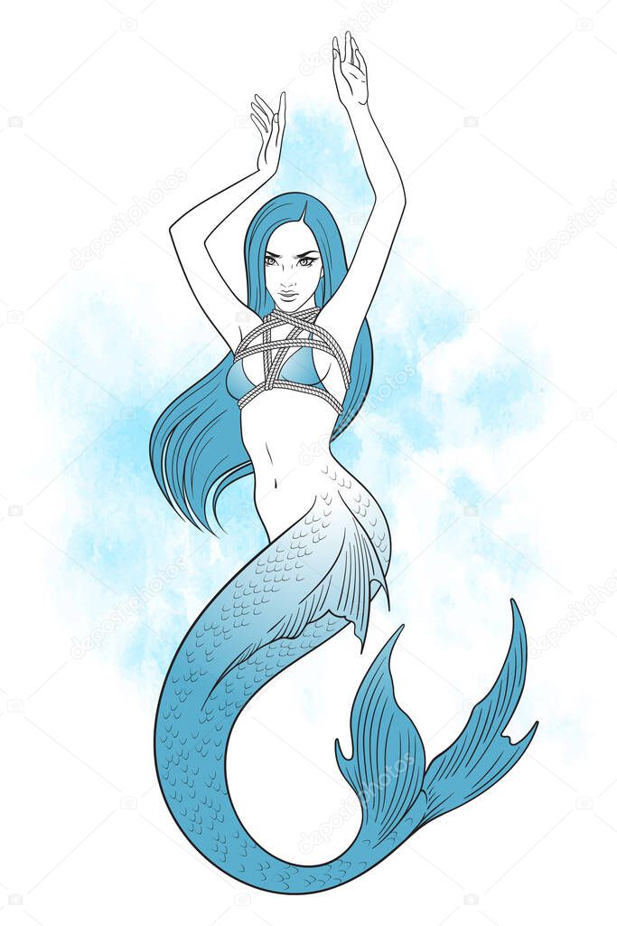Beautiful mermaid knitted in fetish shibari bondage technique tattoo, sticker or print design vector illustration