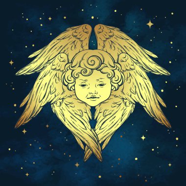 Altı kanatlı altın melek, mavi gökyüzü arka planında ışık saçan kıvırcık kanatlı, gülümseyen erkek bebek melek. El çizimi tasarım veya kumaş baskı vektör çizimi.