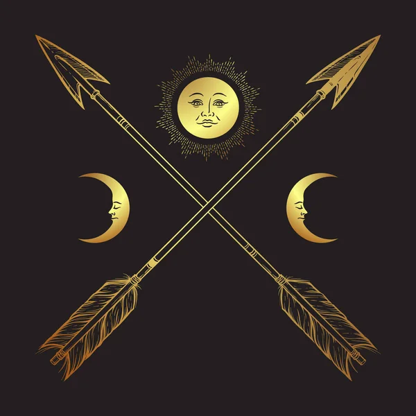 Gold Crossed Arrows Crescents Full Moon Line Art Boho Sticker — Stock Vector