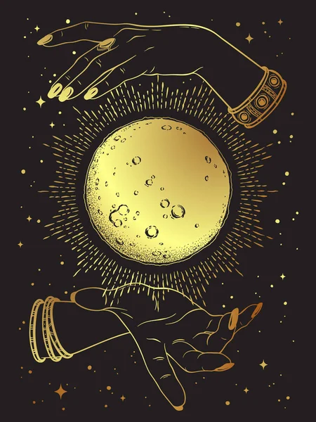 占い師の線画や点画を手に光の光線で金満月を描いた ボホールシックなタトゥー ポスターや祭壇ベールプリントデザインベクトルイラスト — ストックベクタ